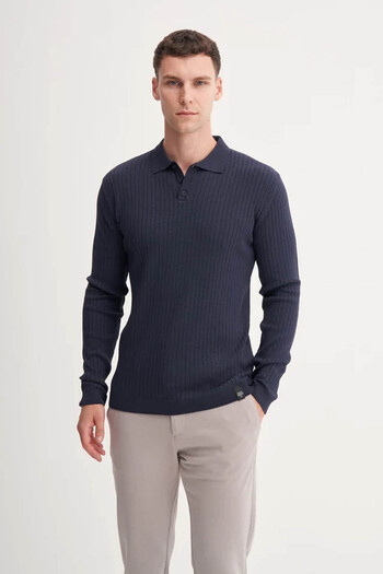 Cazador Premium Slim Fit Viscose Blended Polo Neck Navy Blue Men's Sweater 33210