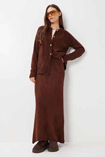 Lovelyİstanbul Soft Textured Cardigan Skirt Knitwear Set Lki̇0044 Brown