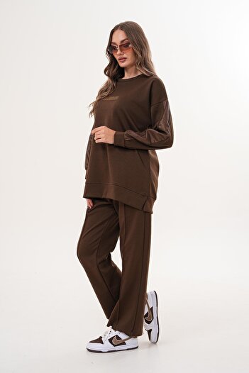 WestBound Women's Sportswear Leather Detailed Stone Embroidered Casual Tracksuit Set Brown 715