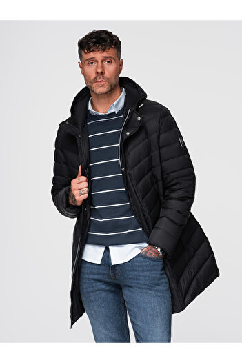 OMBRE Long padded men's jacket with filling - black V1 OM-JALJ-0212