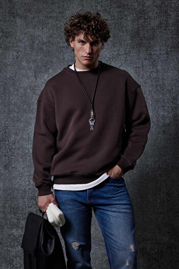 ablukaonline Men's Oversize Crew Neck Basic Sweatshirt Brown