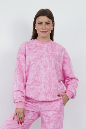 penyebizden Valeria Women's 3 Thread Non-Shardon Cotton Oversize Crew Neck Sweatshirt-Pink Printed