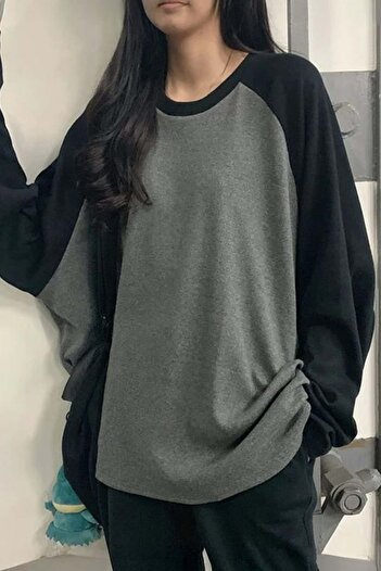 Karakedi Black Raglan Detail Long Sleeve Tshirt