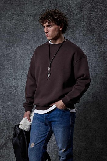 ablukaonline Men's Oversize Crew Neck Basic Sweatshirt Brown