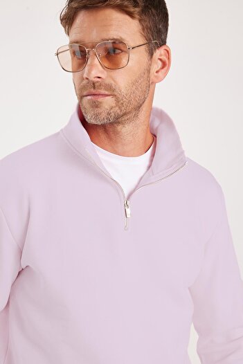 Tudors Unisex Relax Fit Comfortable Cut Cotton Fleece Inside Half Zipper Lilac Stand Collar Sweatshirt