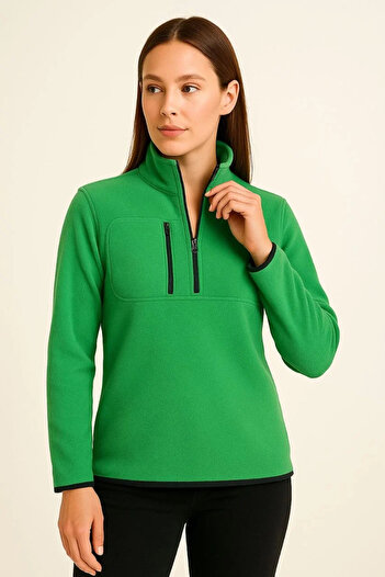 Silerra Women's Fleece Sweater – Stand Collar, Half Zipper, Zippered Chest Pocket, Black Trim, Winter Comfortable Reg
