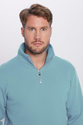 Tudors Unisex Relax Fit Comfortable Cut Cotton Fleece Inside Half Zipper Light Blue Stand Collar Sweatshirt