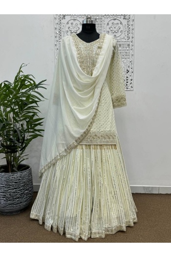 MYSMAR White Faux Georgette Top Sharara & Dupatta - PMM17632 | White
