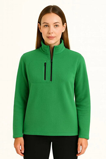 Silerra Women's Fleece Sweater – Stand Collar, Half Zipper, Zippered Chest Pocket, Black Trim, Winter Comfortable Reg