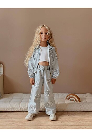 YİGİT BUTİK Denim Fabric Patterned Zippered Girl's Suit
