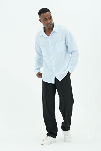 RELAXL Oversize Men's Muslin Shirt with Pockets, Baby Blue, up to 10XL