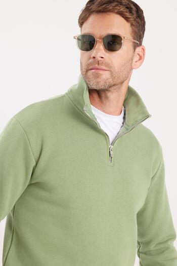 Tudors Unisex relax fit comfortable cut cotton fleece lined half zip green high neck sweatshirt