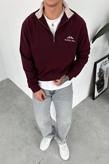 HAFKAGİYİM Bordo Yacht Club Half Zip Relaxed Sweatshirt