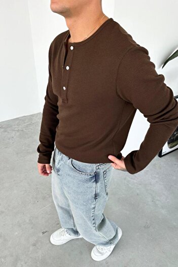 HAFKAGİYİM Brown Premium Knitted Waffle Buttoned Collar Long Sleeve T-Shirt