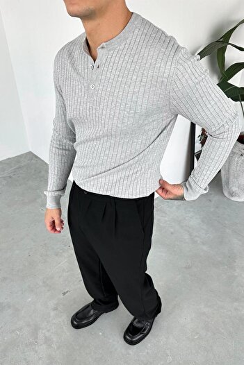 HAFKAGİYİM Gray Buttoned Collar Relaxed Long Sleeve T-Shirt