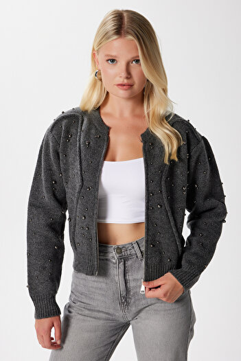 Ritnice Pearl Mont Look Pearl-Studded Anthracite Cardigan