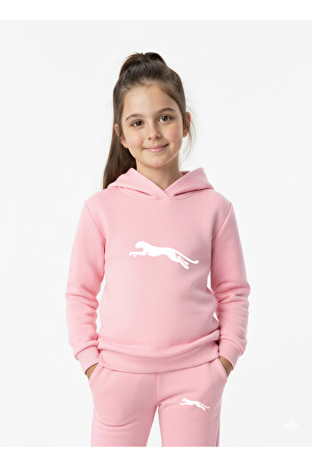 Let's Wear Running Leopard Printed Kids Hooded Premium Compact Sweatshirt Tracksuit with Pockets and Drawstring
