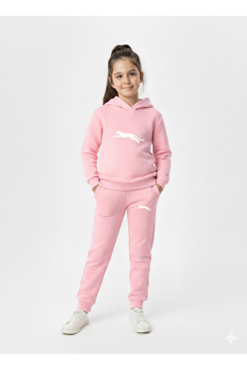 Let's Wear Running Leopard Printed Kids Hooded Premium Compact Sweatshirt Tracksuit with Pockets and Drawstring
