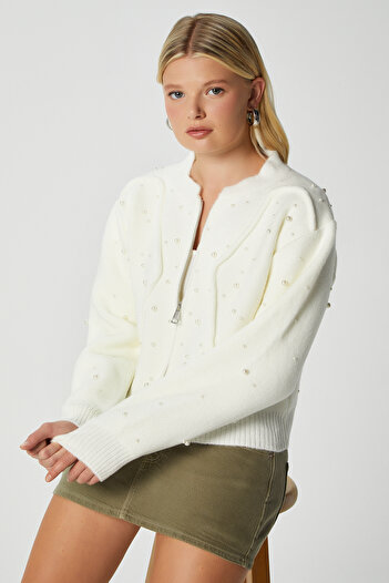 Ritnice Pearl Mont Look Pearl-Studded Ecru Cardigan