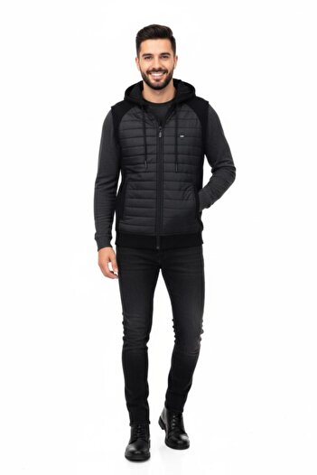 BAGLAN Men's Quilted Patterned 3 Thread Hooded Vest Bgl-St04866