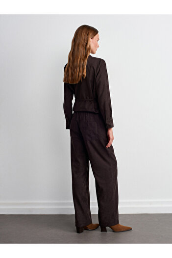 Dilvin 72164 Elastic Waist Suede Trousers-Dark Brown