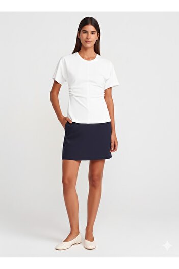 Dilvin 31585 Drape Detailed T-Shirt-White