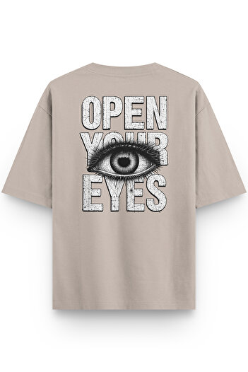 Overoz Open Your Eyes Back Printed Semi Oversize Stone Color Tshirt 1394