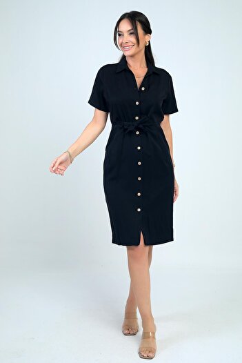 By Saygı Women's Front Tie Pocketed Button Front Lined Short Lyocell Dress