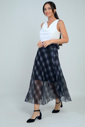 By Saygı Women's Short Lined Plaid Long Tulle Skirt