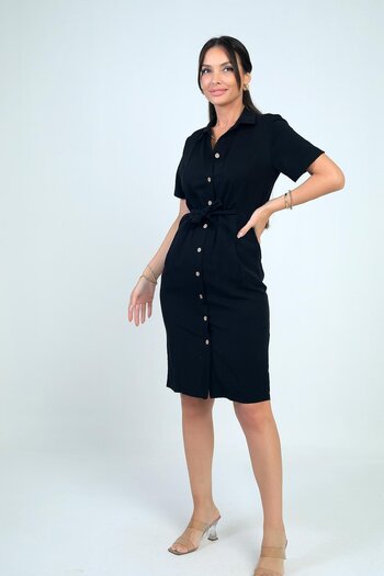 By Saygı Women's Front Tie Pocketed Button Front Lined Short Lyocell Dress