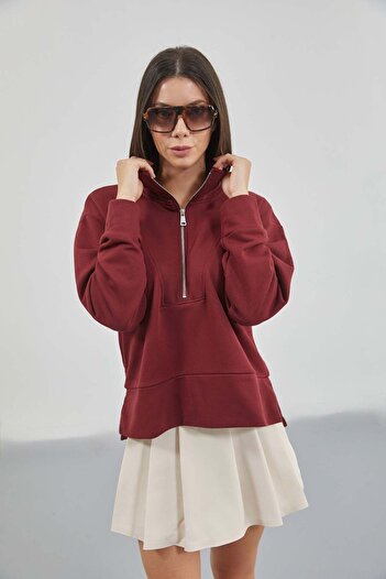 Maxi modena Burgundy Sweatshirt with Zipper and Stitching Detail - m