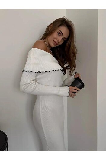 MAXXANA Madonna Yaka Fitilli Midi Boy Triko Elbise