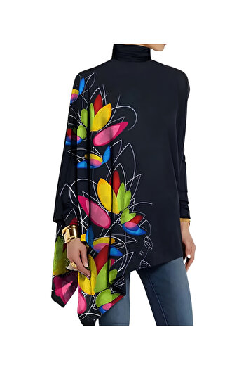 REKA MODA Women's Long Sleeve Turtleneck Asymmetrical Cutout Micro Blouse