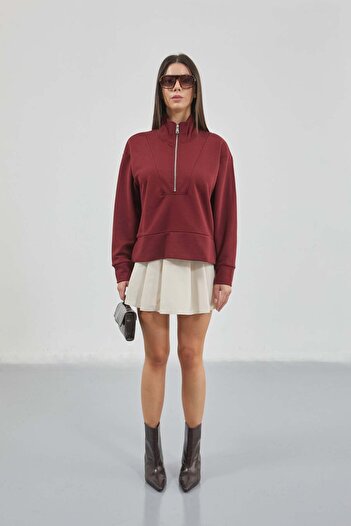Maxi modena Burgundy Sweatshirt with Zipper and Stitching Detail - m