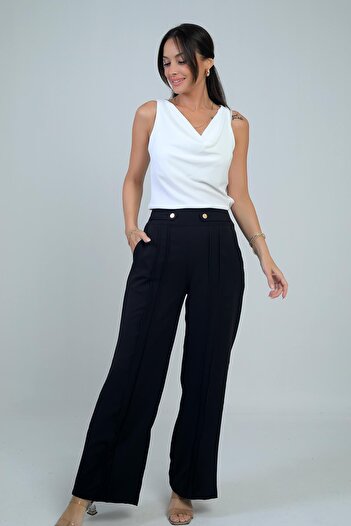 By Saygı Women's Ribbed Palazzo Pants with Epaulet Belt Pockets
