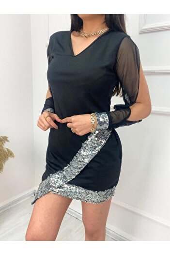 Gökyüzü Moda Women's Long Sleeve V-Neck Pulpayetek Imported Crepe Mini Dress