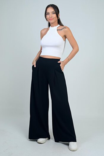 By Saygı Women's Elastic Waist Pocketed Pleated Front Wide Leg Pants