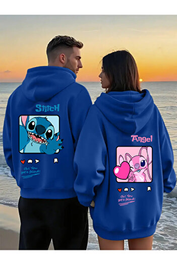macklin Hanorac cu glugă unisex pentru cupluri Stitch și Angel Friends Love imprimat pe spate set de 2