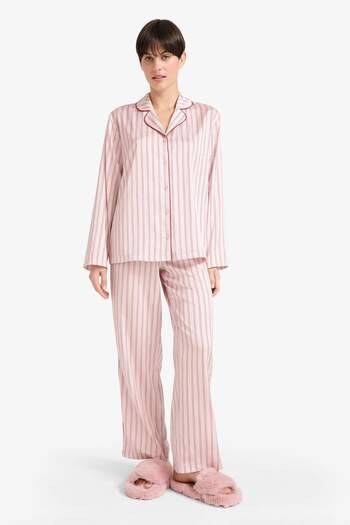 DeFacto Pajama Set Regular Fit Satin Striped Long Sleeve Top Long Bottom-Fall in Love G0227Ax25Au