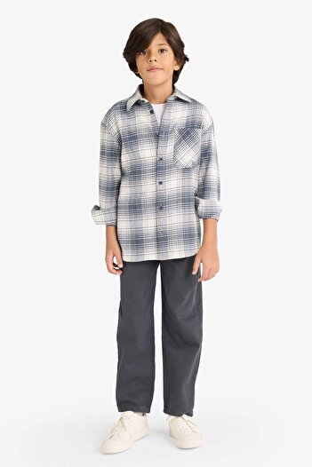 DeFacto Boy's Oversize Wide Fit Polo Neck Checkered Flannel Long Sleeve Shirt G3463A825Wn