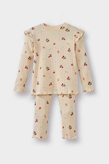DeFacto Baby Girl Pajama Set Fruit Pattern Long Sleeve Ribbed Camisole Top Long Bottom G1524A525Wn