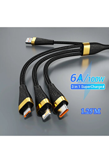 Choice 1.25m 3 in 1 USB C Fast Charging Cable 100W 6A Portable with Micro USB Type C for Huawei Honor iPhon