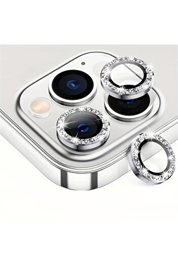 Choice 14 Pro - 14 ProMax Diamond Silver 3Pcs Glitter Diamond Caps Metal Lens Protector for IPhone 16 15 14