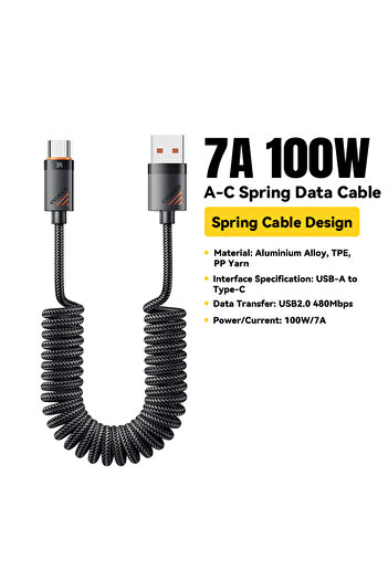 Choice 1.2m 7A 100W A To C Black Essager Car Spring Type C Cable For iPhone 16 1514 Xiaomi Samsung 100W PD