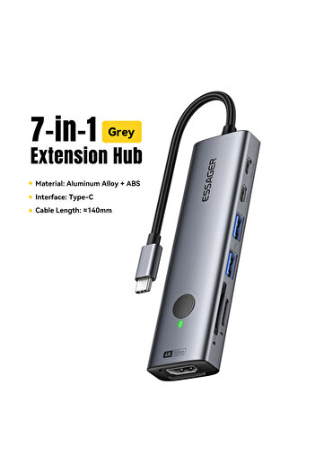 essager Grey 7 In 1 HUB USB C HUB 4K 7-in-1 Type C to HDMI PD 100W SD&TF USB 3.0 5Gbps Multiport Ada