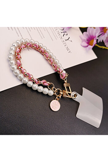 Choice Pink Mobile Phone Lanyard Short Wrist Lanyard Pearl Leather String Lanyard Hand Woven Anti Loss Hang