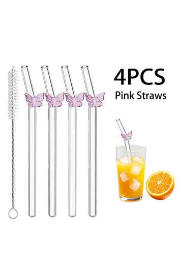 Choice 4PCS Pink Cute Butterfly Straw Pretty Reusable Glass Tube Dishwasher Safety Durable Straws For Smoo