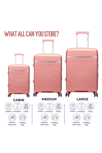British Traveller 3-Piece Polypropylene Luggage Set | 20”, 24”, 28” Lightweight Suitcases - Pink