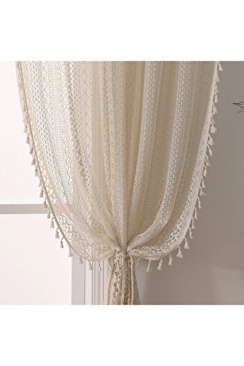 Choice Fixed Pleat 140x213cm Beige tassles 1PC Japanese Boho Style Voile Tulle Curtains for The Living Room