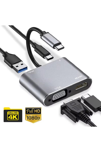Choice <=0.5 متر رمادي 4 في 1 محول USB C إلى HDMI متوافق مع VGA Type-C Digital AV متعدد المنافذ Thunderbolt 3 Co